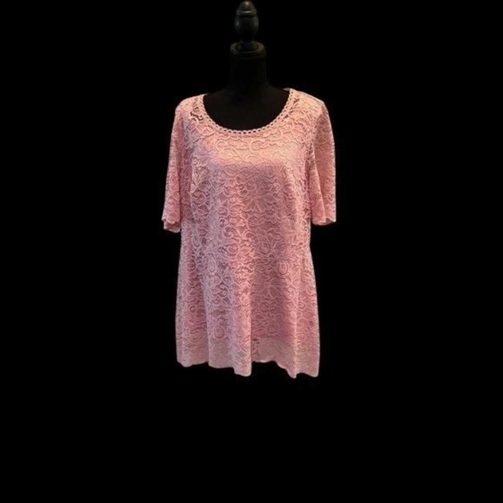 Isaac Mizrahi Live Pink Lace Top 1X Plus Size Blush Floral Tunic Short Sleeve.